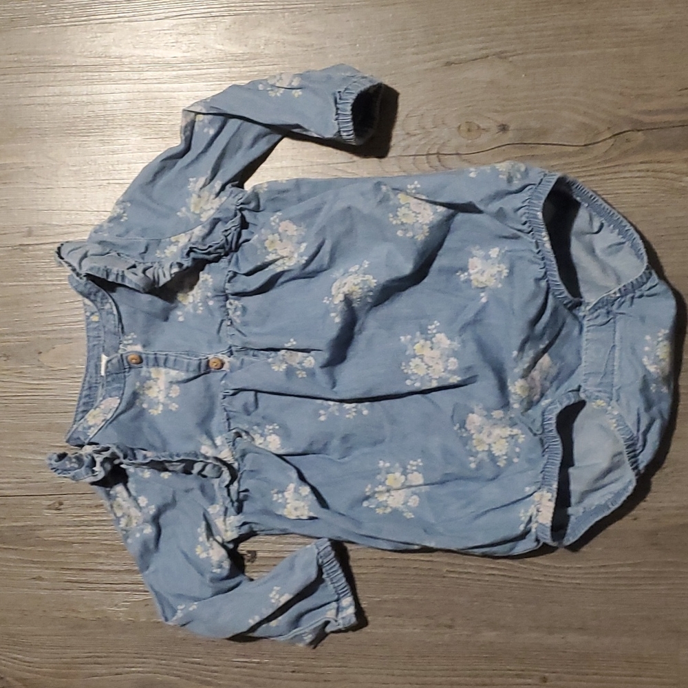 💚 Baby B'Gosh | Dressy Ruffled Toddler Onesie Top | Floral | Denim Look | 18M